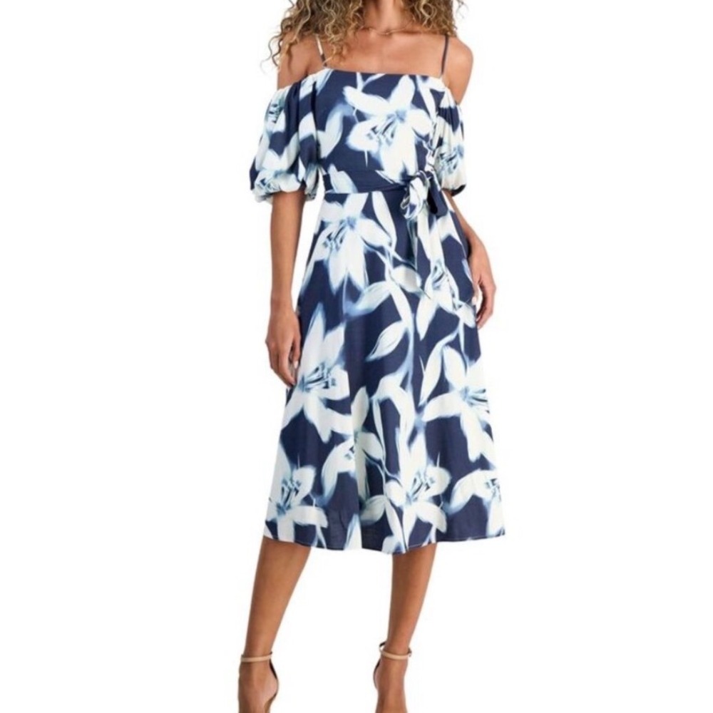 Rachel Rachel Roy Floral Midi Dress Women 14 New Off Shoulder Navy White $139